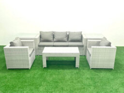 Fimous Rattan Garden Furniture Set 6 Pieces Outdoor Garden Sofa Oblong Coffee Table Set 2 Chairs 2 Side Tabes Light Grey - thumbnail 1