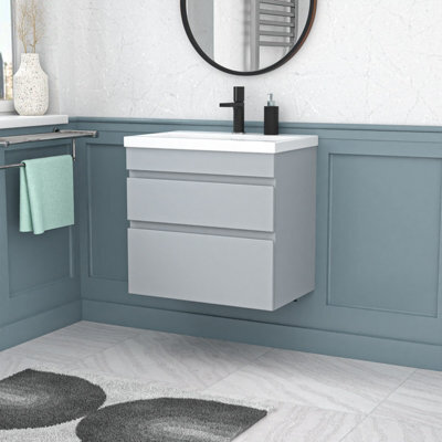 Nes Home Matt Grey 600mm Pvc 2 Drawer Wall Hung Vanity Cabinet & Basin Sink Unit - image 1