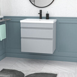 Nes Home Matt Grey 600mm Pvc 2 Drawer Wall Hung Vanity Cabinet & Basin Sink Unit - thumbnail 2