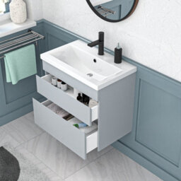 Nes Home Matt Grey 600mm Pvc 2 Drawer Wall Hung Vanity Cabinet & Basin Sink Unit - thumbnail 5