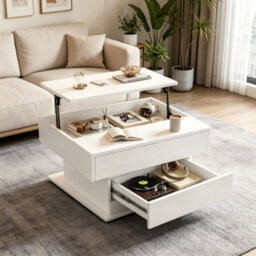 Btm White 360 Rotating Lift Top Coffee Table High Gloss With Drawer Space Saving Centre Table 70 X 70 X 45 Cm - thumbnail 3