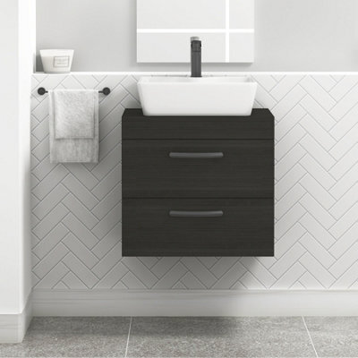 Royal Bathrooms 600mm Wall Hung Vanity Unit 2 Drawer Hale Black & Cube Countertop Basin With Matt Black Handle - image 1