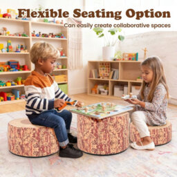 Gainoom 3-Piece Brown Tree Stump Stool Set Kids Floor Cushions Toddlers Round Stool Ottoman W/wood Printing Nature Decoration - thumbnail 9
