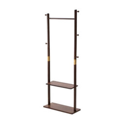 Living And Home Walnut Colour Rubberwood Freestanding Clothes Rack 5 Hooks Double Storage Shelves