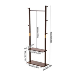 Living And Home Walnut Colour Rubberwood Freestanding Clothes Rack 5 Hooks Double Storage Shelves - thumbnail 8