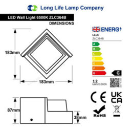 Long Life Lamps Company 12W Outdoor Modern Square Black Led Wall Light Opal Diffuser 6500K Zlc364B - thumbnail 2