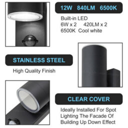 Long Life Lamps Company 12W Black Led Double Outdoor Wall With Pir Movement Sensor Stainless Steel Cool White Zlc366Bsen - thumbnail 7