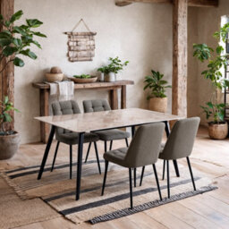 Wyld Haus Belfast Brown Ceramic Dining Table With Black Steel Base And 4 Taupe Fabric Chairs