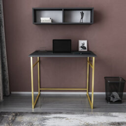 Decorotika Hussum Writing Desk Laptop Desk Floating Shelf Included Gold Anthracite - thumbnail 2