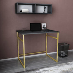 Decorotika Hussum Writing Desk Laptop Desk Floating Shelf Included Gold Anthracite