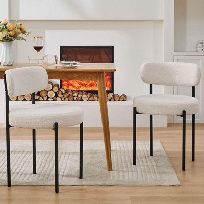 Set Of 2 White Boucle Stackable Dining Chairs, Teddy Fabric Upholstered Kitchen Chairs With Angled Black Metal Legs, Vanity - image 1
