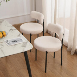 Set Of 2 White Boucle Stackable Dining Chairs, Teddy Fabric Upholstered Kitchen Chairs With Angled Black Metal Legs, Vanity - thumbnail 5
