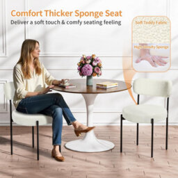 Set Of 2 White Boucle Stackable Dining Chairs, Teddy Fabric Upholstered Kitchen Chairs With Angled Black Metal Legs, Vanity - thumbnail 2