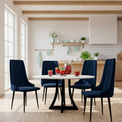 Dining Table Set 4 Chairs 100Cm Fixed Top Wooden Legs White Black Dark Blue - image 1