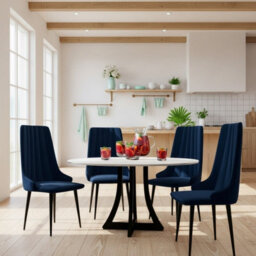 Dining Table Set 4 Chairs 100Cm Fixed Top Wooden Legs White Black Dark Blue - thumbnail 1