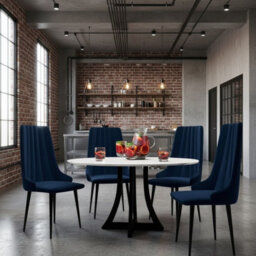 Dining Table Set 4 Chairs 100Cm Fixed Top Wooden Legs White Black Dark Blue - thumbnail 2