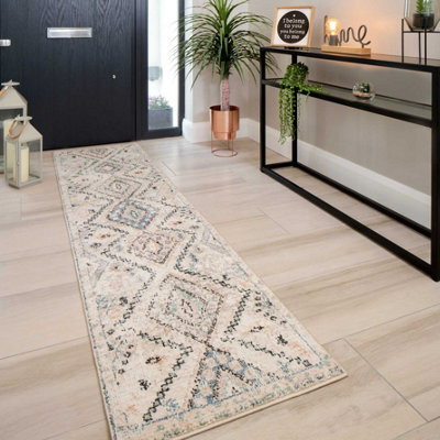 Loomed Neutral Blue Distressed Tribal Diamond Soft Runner Rug 60X240Cm - image 1