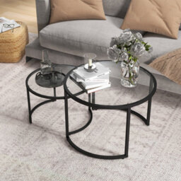 Homcom Glass Coffee Table Set Of 2, Round Nest Of Tables, Black - thumbnail 7
