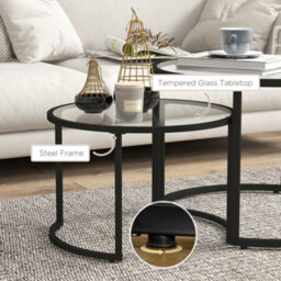 Homcom Glass Coffee Table Set Of 2, Round Nest Of Tables, Black - thumbnail 6