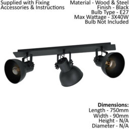 Stylish Adjustable 3 Bulb Ceiling Spotlight In Black Industrial Steel - thumbnail 2