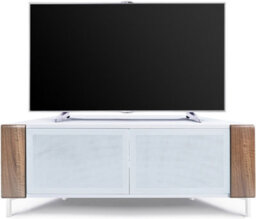 "Mda Designs Corvus Corner-Friendly White With Walnut Profiles White Beamthru Glass Doors Stand For Flat Screen Tvs Up To 50""" - thumbnail 3