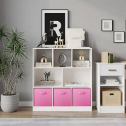 Urbn-Living Urbnliving Asymmetrical 8 Cube White Bookcase Storage Unit With 3 Fabric Drawer Inserts- Light Pink - thumbnail 2