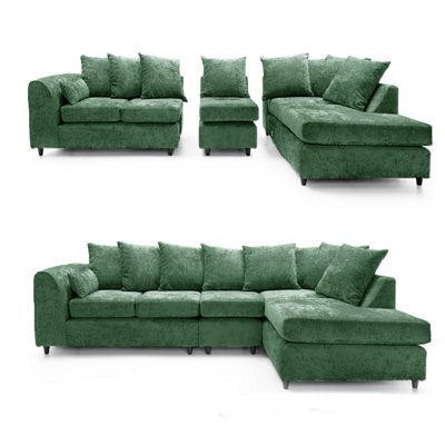 Furnishings For Less UK Monaco Chenille Fabric 5 Seater L Shaped Corner Sofa  Green Right Hand Facing