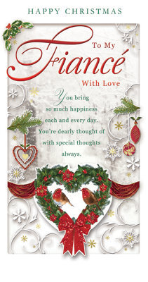 With Love To My Fiance Heart Design Wreath Red Glitter Finished Christmas Card - image 1