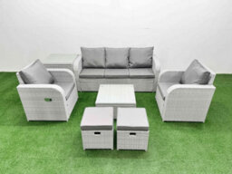 Fimous Pe Rattan Garden Furniture Set Reclining Chair Lounge Sofa Set Square Coffee Table Side Table 2 Small Stools Light Grey - thumbnail 1