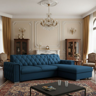 Roma Corner Sofa Bed With Storage Polyurethane Foam Wave Springs Metal Legs Wooden Frame 267X85X185Cm Blue Right - image 1