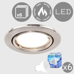 Valuelights Downlight Tiltable Fire Rated Brushed Chrome Ceiling Light Fitting 6 Pack With Warm White Bulbs - thumbnail 1