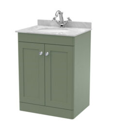 Balterley Swynnerton Traditional 2 Door Floor Standing Vanity Unit With Marble Basin, Satin Green, 600mm - thumbnail 1