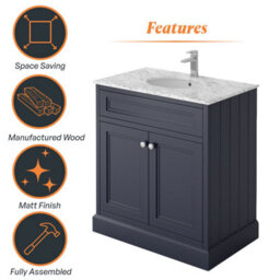 Plum&clay Fairmont Traditional Blue Grey Square Floor Standing Bathroom Vanity Unit With Ceramic Basin & Marble Top (W)800mm - thumbnail 5