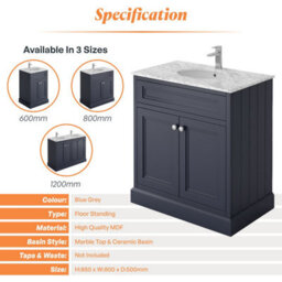 Plum&clay Fairmont Traditional Blue Grey Square Floor Standing Bathroom Vanity Unit With Ceramic Basin & Marble Top (W)800mm - thumbnail 4