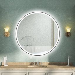 AVER-GROWTH Round Illuminated Bathroom Mirror With Led Lights 3 Colour Black Frame Demister Pad Anti-Fog Dimmable Touch/wall Switch 70Cm