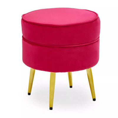 Premier Housewares Interiors By Premier Elegant Round Bright Pink Velvet Gold Leg Footstool, Plush Foam Padded Gold Finished Footrest For Bedrooms - image 1