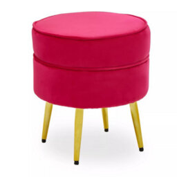 Premier Housewares Interiors By Premier Elegant Round Bright Pink Velvet Gold Leg Footstool, Plush Foam Padded Gold Finished Footrest For Bedrooms - thumbnail 1