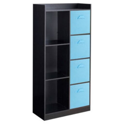 Urbn-Living Urbnliving Height 128Cm Wooden Grey 7 Cube Bookcase With Light Blue Drawers Tall Shelving Display Storage Unit Cabinet