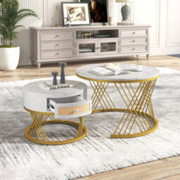 Abrihome 2-In-1 Round Coffee Table Made Of Mdf With Marble Grain Veneer Top, Rattan Drawers And Solid Wood Handles, White - thumbnail 9
