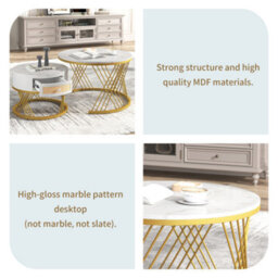 Abrihome 2-In-1 Round Coffee Table Made Of Mdf With Marble Grain Veneer Top, Rattan Drawers And Solid Wood Handles, White - thumbnail 4