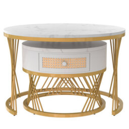 Abrihome 2-In-1 Round Coffee Table Made Of Mdf With Marble Grain Veneer Top, Rattan Drawers And Solid Wood Handles, White - thumbnail 7