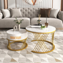 Abrihome 2-In-1 Round Coffee Table Made Of Mdf With Marble Grain Veneer Top, Rattan Drawers And Solid Wood Handles, White