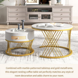 Abrihome 2-In-1 Round Coffee Table Made Of Mdf With Marble Grain Veneer Top, Rattan Drawers And Solid Wood Handles, White - thumbnail 2