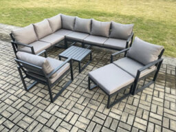 Fimous 9 Seater Aluminium Garden Furniture Set Lounge Corner Sofa Chair Square Coffee Table Sets With Big Footstool Dark Grey - thumbnail 2