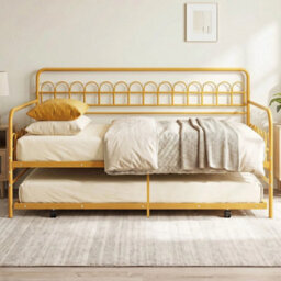 Single Daybed With Trundle Metal Slats Sofa Bed With Curved Backrest Armrests - thumbnail 5