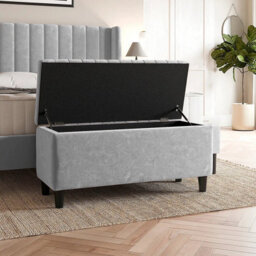 150Cm Lined Upholstered Ottoman Storage Box - Silver Plush Velvet Blanket Storage Box With Wooden Legs - thumbnail 2