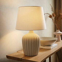Valuelights Serena Natural Tapered Linen Lamp Shade Ribbed Ceramic Beige Table Lamp - thumbnail 2