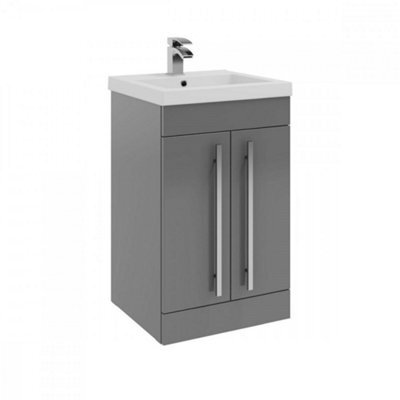 Clifton Bathroom 2-Door Floor Standing Vanity Unit With Mid Depth Ceramic Basin 500mm Wide - Storm Grey Gloss  - Brassware Not Included - image 1