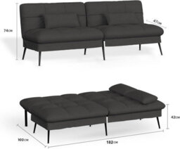 Comhoma Sofa Bed Fabric 2-3 Seater Click Clack Sofa Bed 5-Gear Back Angle Adjustable Futon Sofa Lounge For Home, Black - thumbnail 3