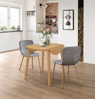 Hallowood Furniture Ledbury Light Oak Drop Leaf Round Dining Table With 2 Taupe Leather Effect Chairs - image 1